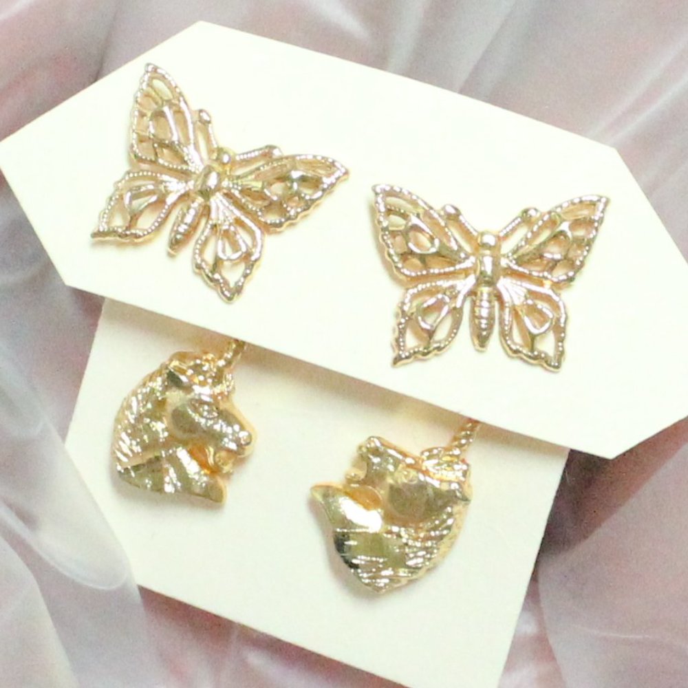2 Small Pair Dainty Gold Tone Pierced Stud Earrings - 1 Butterfly 1 Unicorn